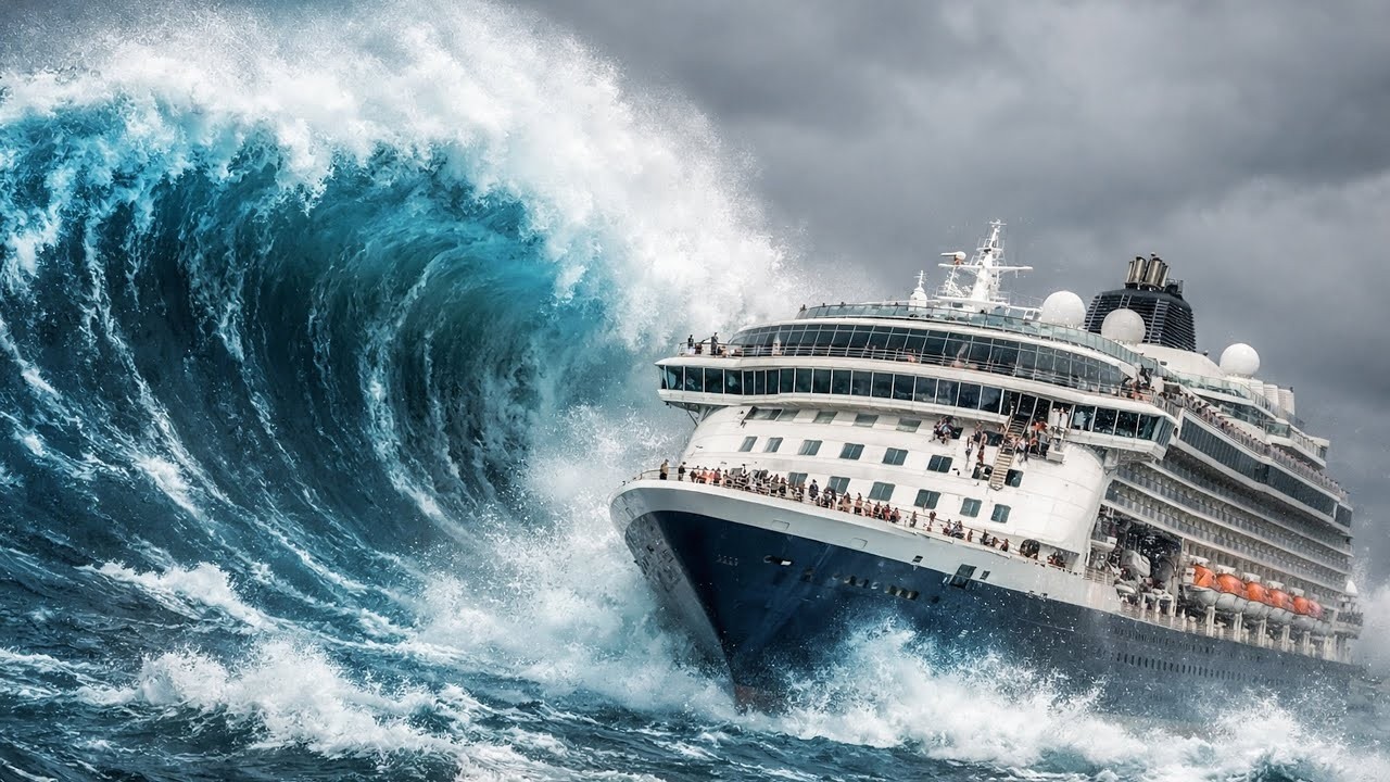 Nightmare Unleashed: Monster Rogue Wave Rips Through 18-Deck Cruise Ship at Night