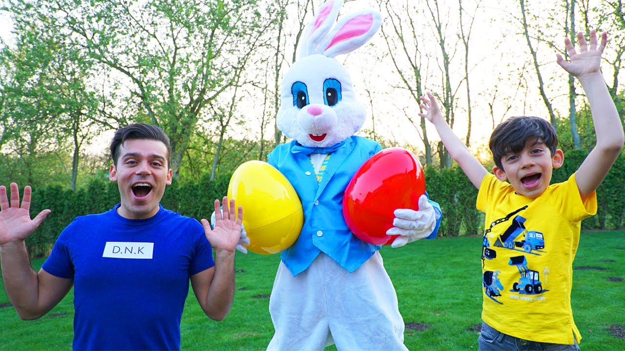 Bunny hides eggs with toys for Jason