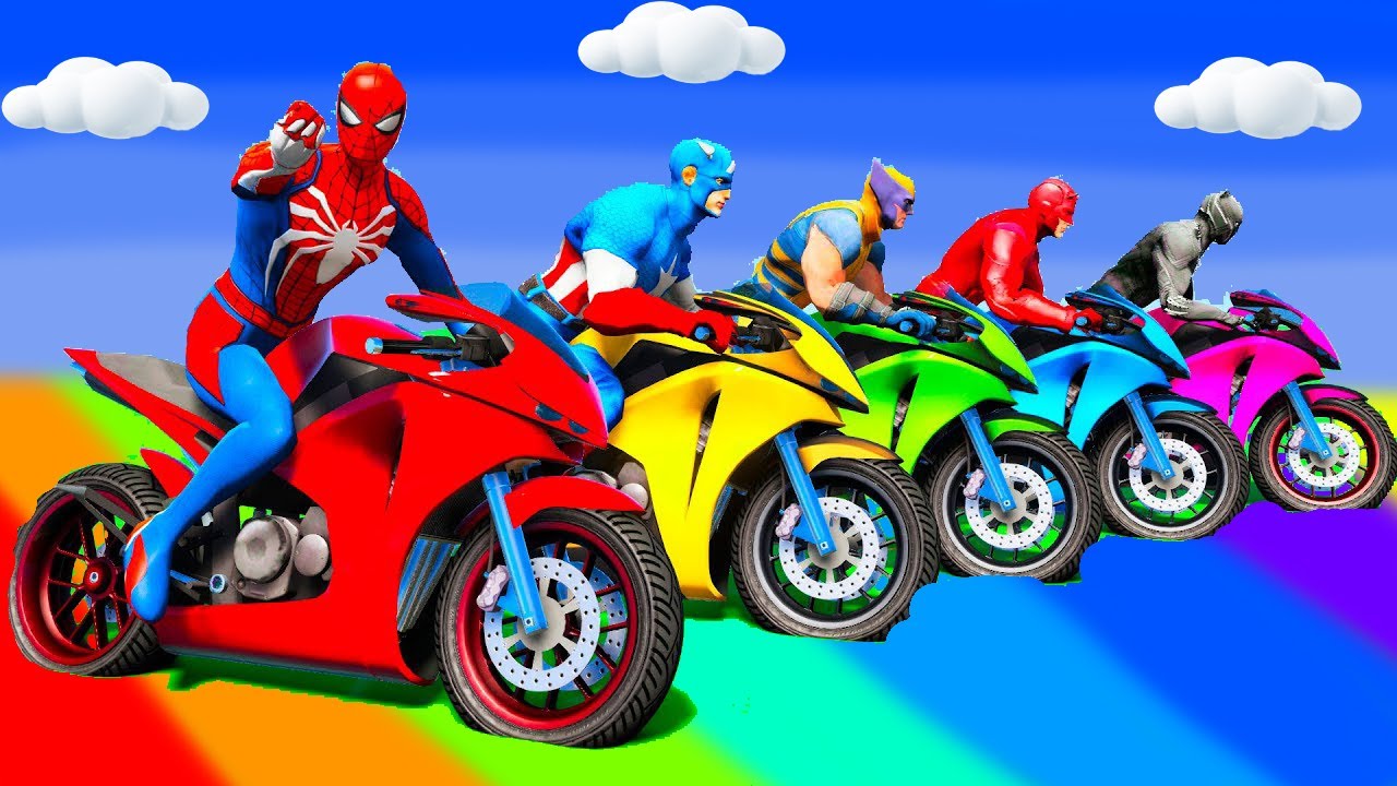 SPIDER MAN Takes on Spiral Bridge Stunt Ride on Motorcycle🦺🥽بطال الخارقين على القضبان دوامة قمع جس