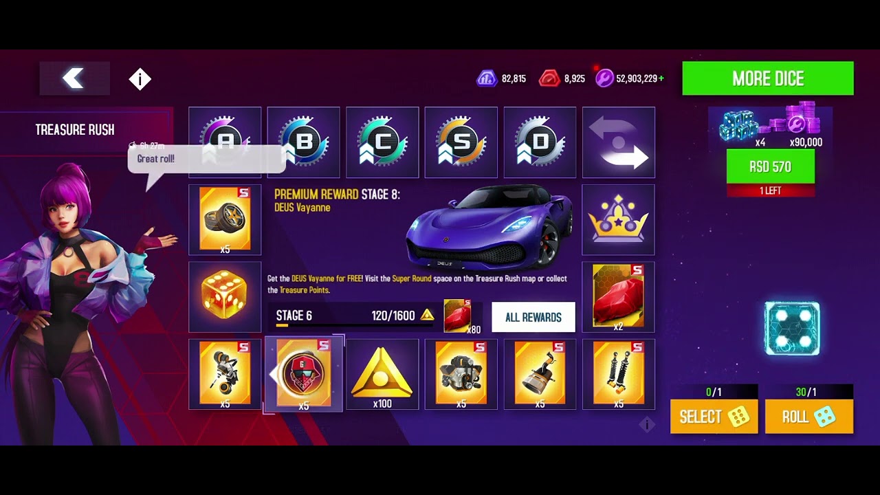 Asphalt 8 - Deus Treasure Rush- 55 free dices- possible to unlock car for free?