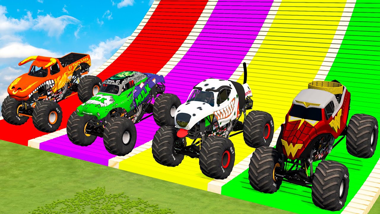 Double Flatbed Trailer Monster Trucks Transport with Slide Color - Cars vs Speed bump - BeamNG