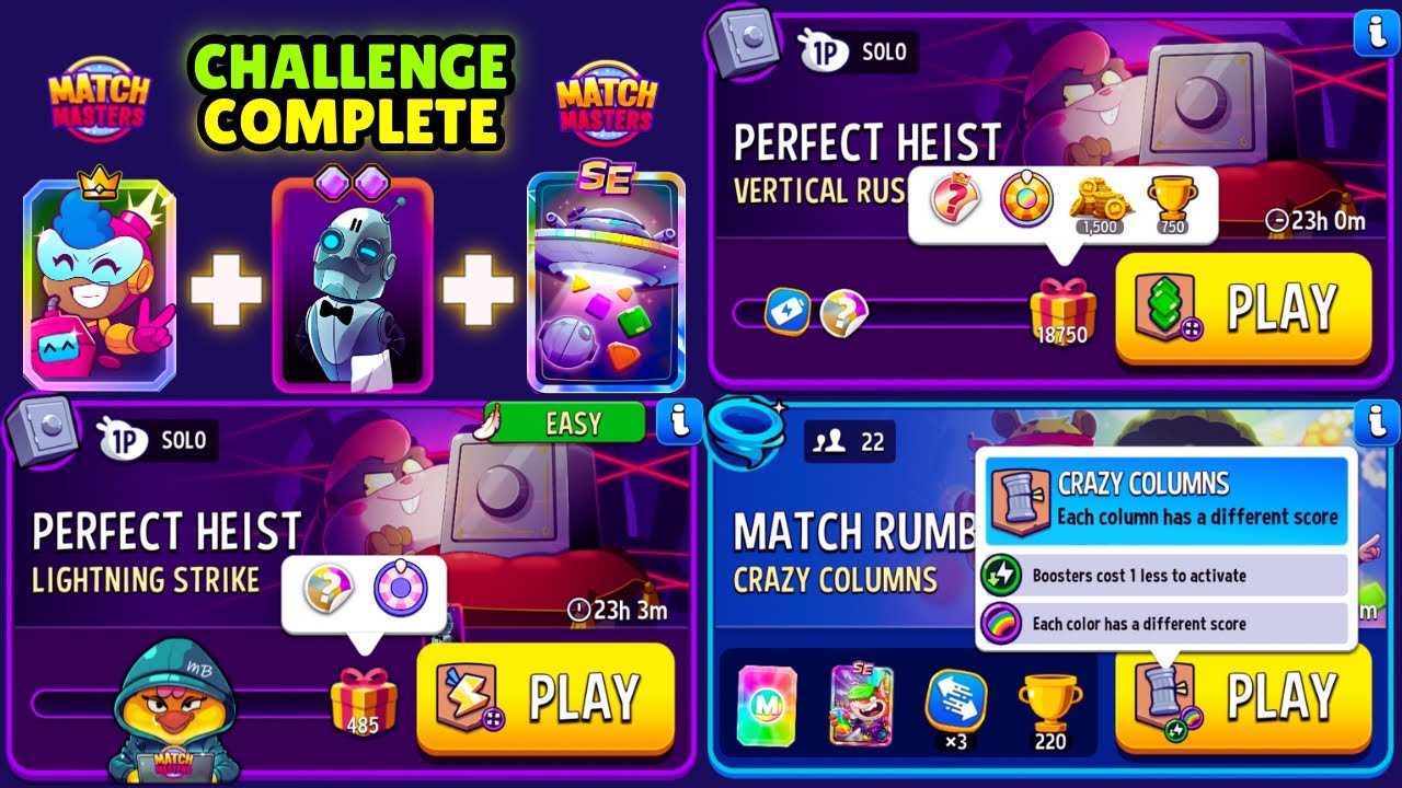 x2 Solo Challenge Perfect Heist/ Vertical Rush/ Lightning Strike/ 22 players Rumble Crazy Columns