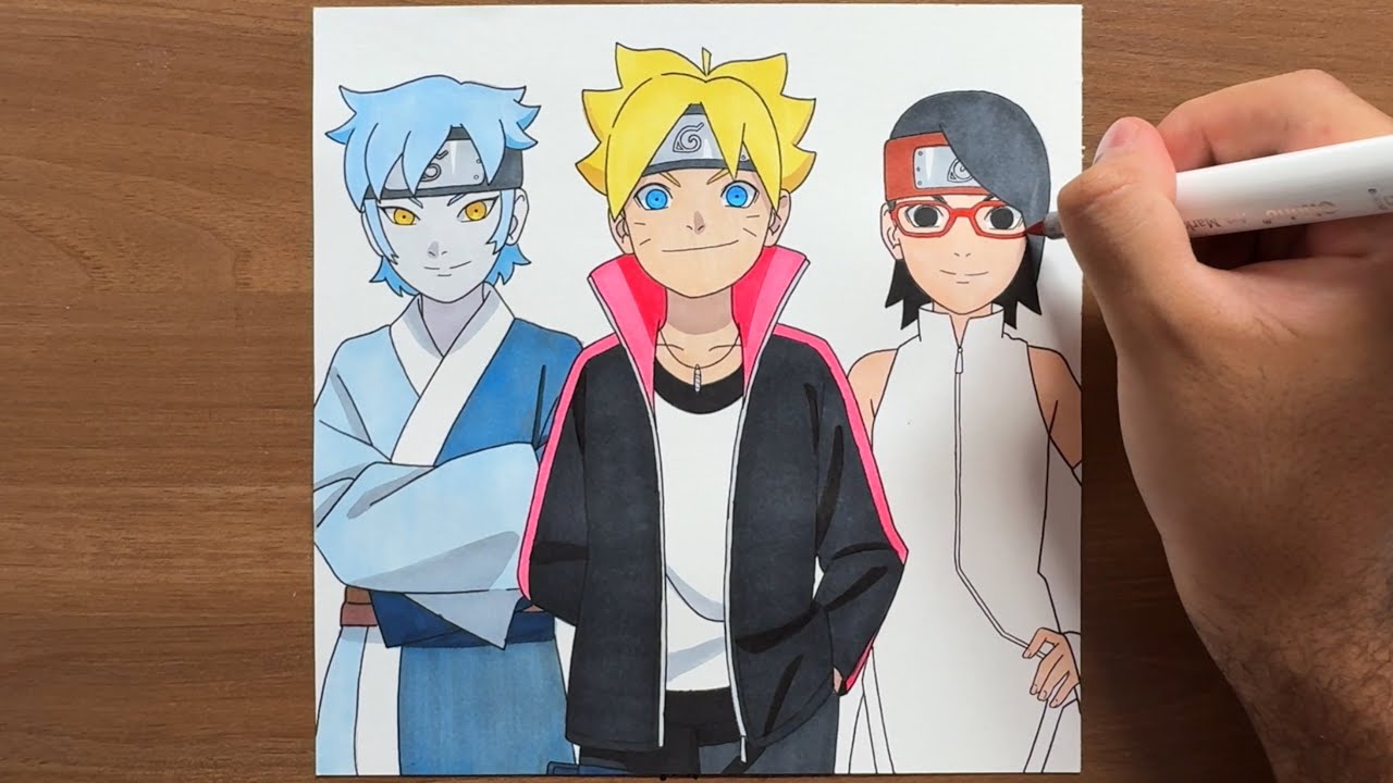 DESENHANDO O BORUTO, MITSUKI E A SARADA COM MARCADORES