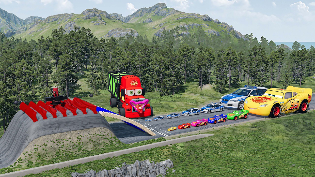 Big & Small McQueen & Police Car vs Zombie Mack, Giant Bulge & Spinner Downhill Race – BeamNG.drive