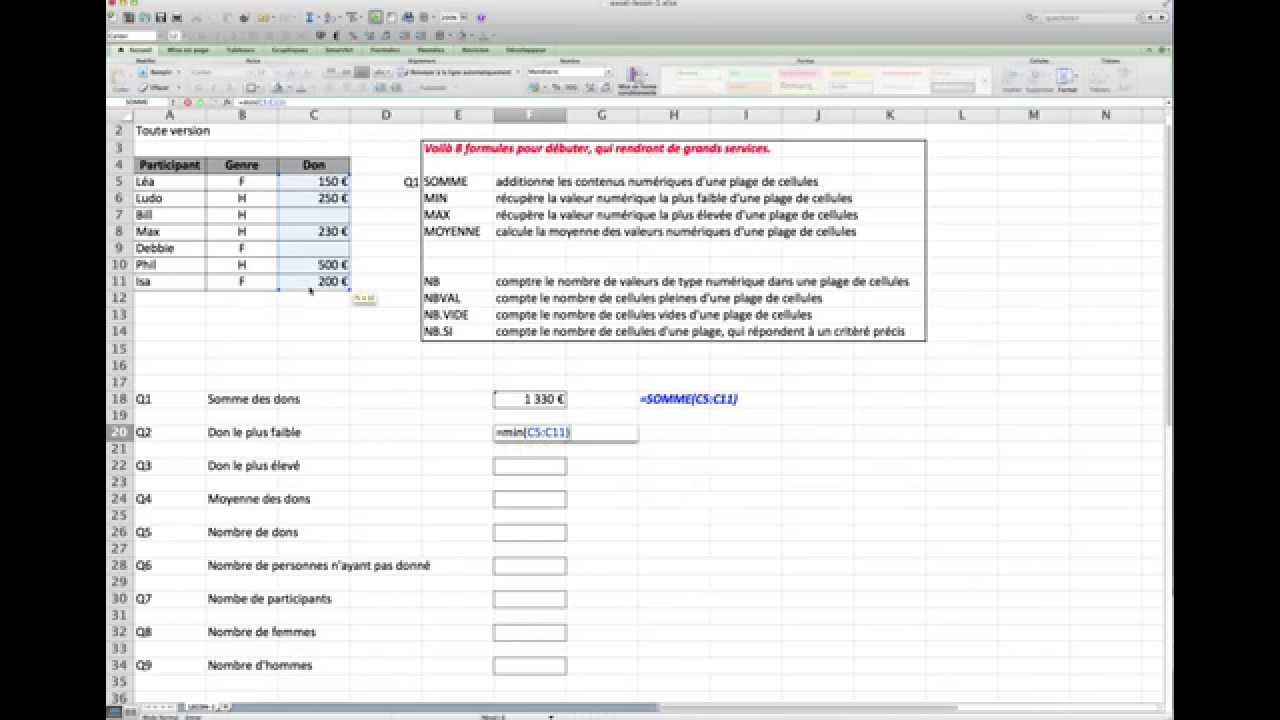 J'apprends Excel - Initiation - 8 formules de calculs de base