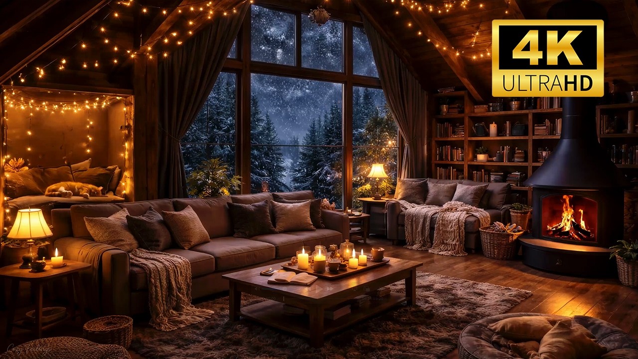 8 Hours Cozy Fireplace & Falling Snow