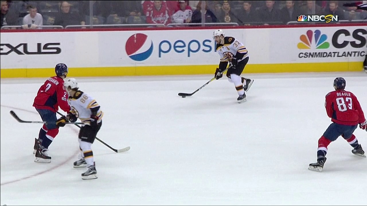 Marchand takes Bergeron pass in slot, snaps it top corner