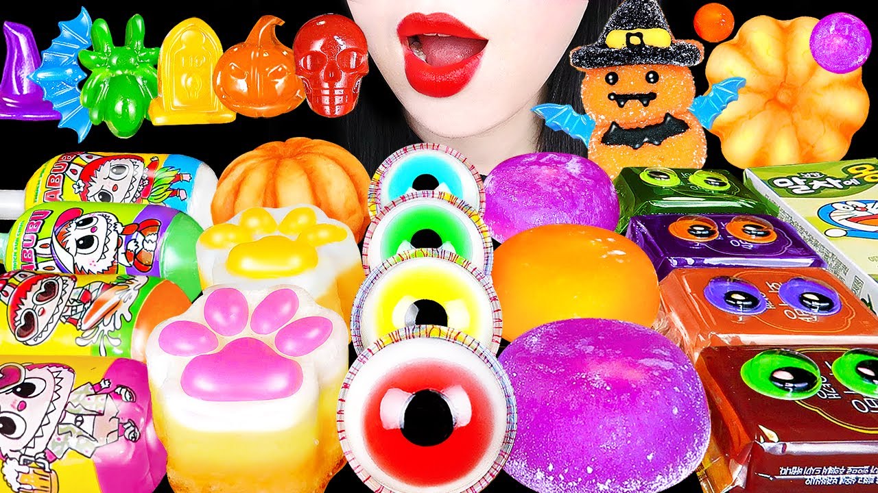 ASMR RAINBOW HALLOWEEN DESSERTS 무지개 할로윈 디저트 ICE CREAM, EYEBALL GUMMY, LABUBU JELLY EATING MUKBANG 먹방