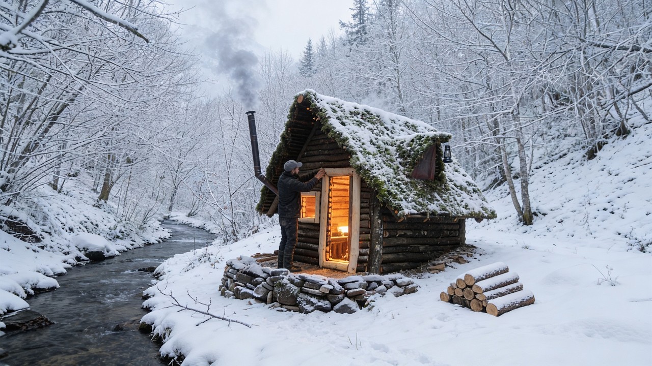 Building a Survival Shelter Alone in the Snowy Winter | Full Build