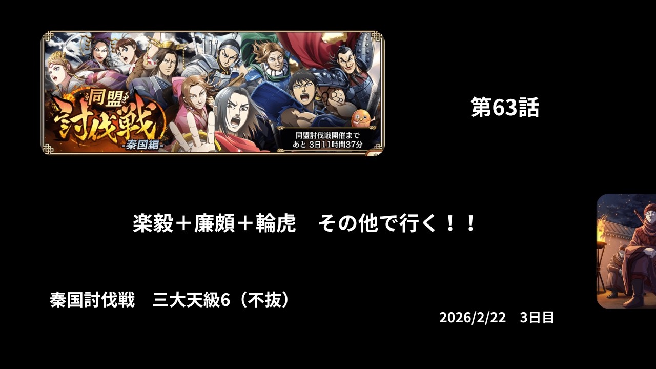 第63話　秦国討伐戦　楽毅＋廉頗＋輪虎　その他で進軍！！　三大天級6（不抜）　3日目　2026/2/22