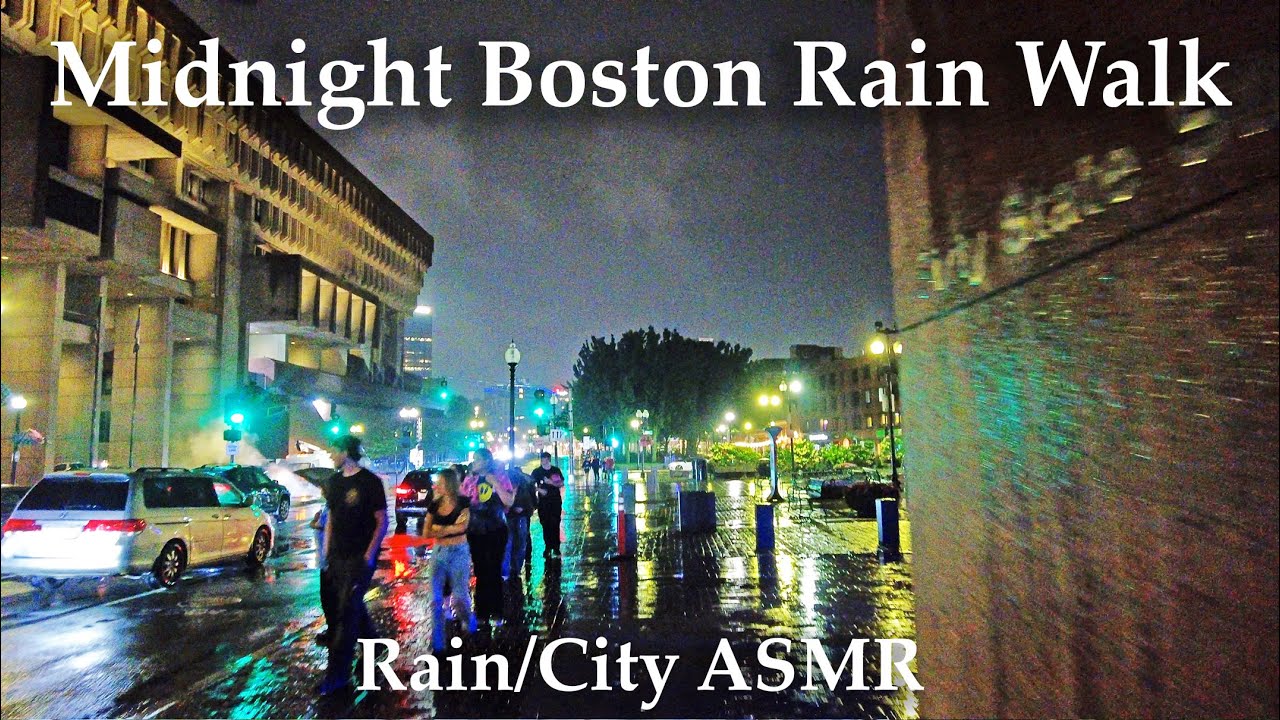 ☔ Midnight Boston Relaxing/Night/Ambient Rain Walk | 4K Binaural ASMR