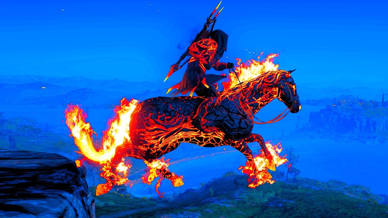 Assassins Creed Odyssey Fire Armor & Cerberus's Offspring Horse Underworld Mythical Pack Gameplay