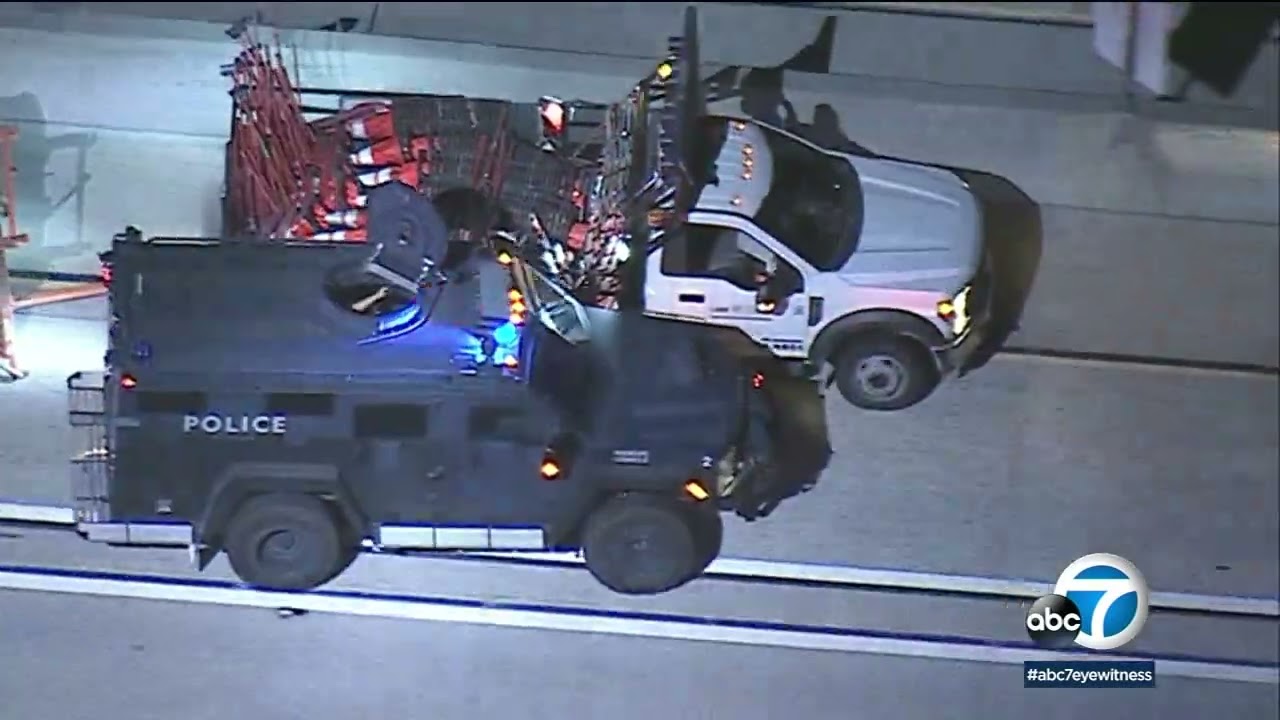 SoCal chase: Bearcat slams into stolen construction truck, K-9 takes down suspect | ABC7