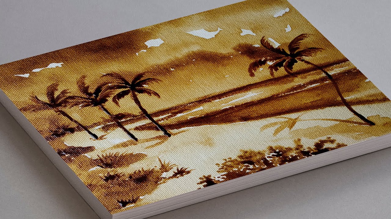 COFFEE PAINTING FOR BEGINNERS | TROPICAL SCENERY DRAWING PALM TREES STEP BY STEP SEASCAPE PAINTING
