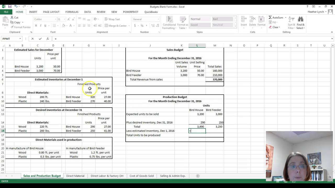 Sales, Production, Direct Material Budget