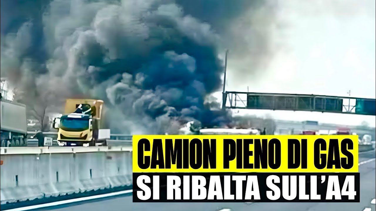 ULTIM'ORA INFERNO SULL'A4: CAMION PIENO DI GAS SI RIBALTA. CI SONO FERITI. COLONNA DI FUMO ALTISSIMA