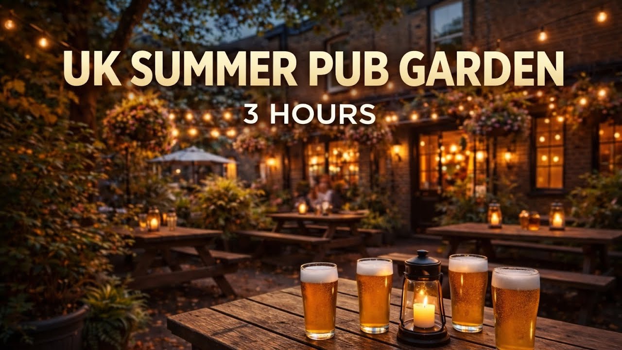 UK Pub Garden Ambience | Summer Evening, Distant Chatter, Glasses and Town Ambience (No Music)