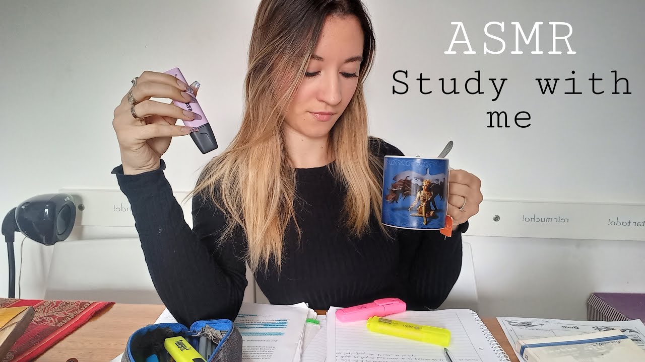 ASMR estudiando, sonidos de papeles, útiles, tijeras. Study with me