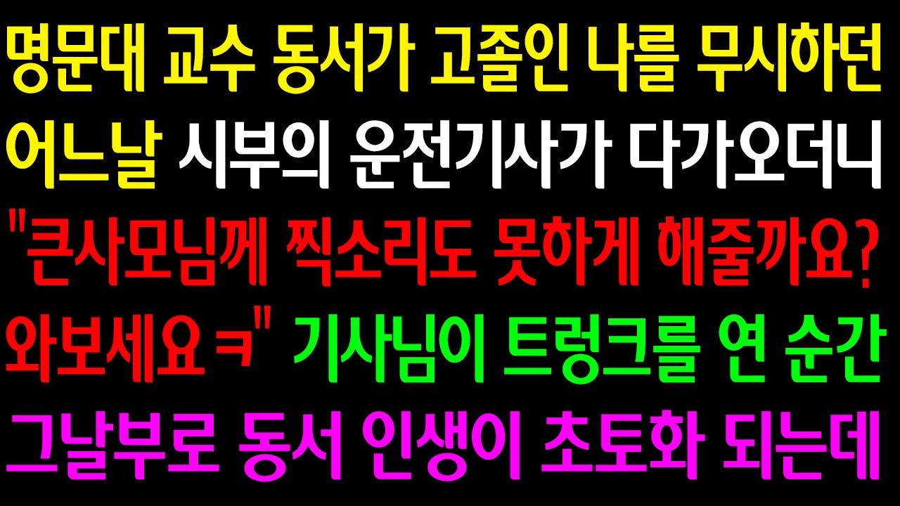 (실화사연)명문대 교수동서가 고졸인 나를무시하던 어느날 시부 운전기사가 다가오더니“큰사모님께 찍소리도 못하게 해줄까요? 와보세요”기사님이 트렁크연순간 그날부로 동서인생 초토화되는데