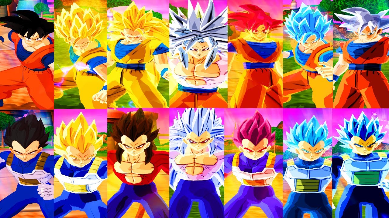 TODAS AS TRANSFORMAÇÕES GOKU E VEGETA- BASE, SSJ, SSJ2, SSJ3, SSJ4, SSJ5, SSG, SSB, SSBE E MUI