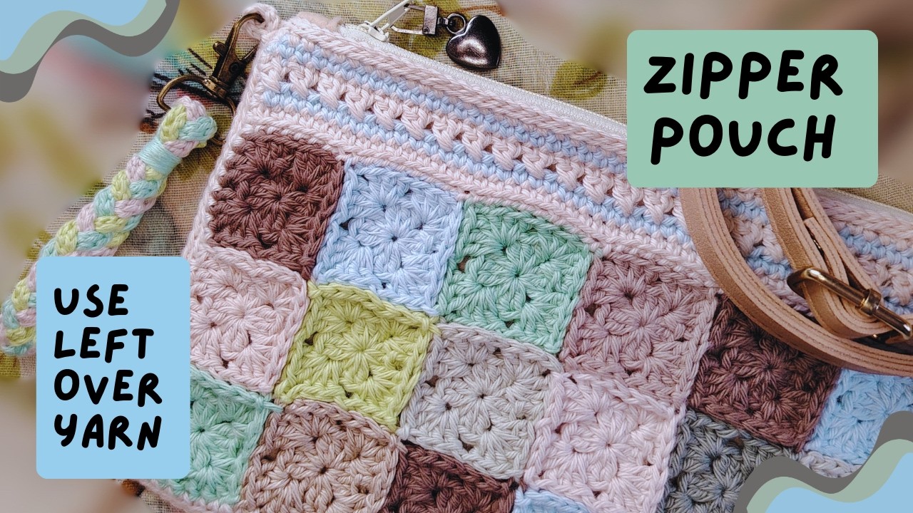 Granny square zipper pouch with leftover yarn.