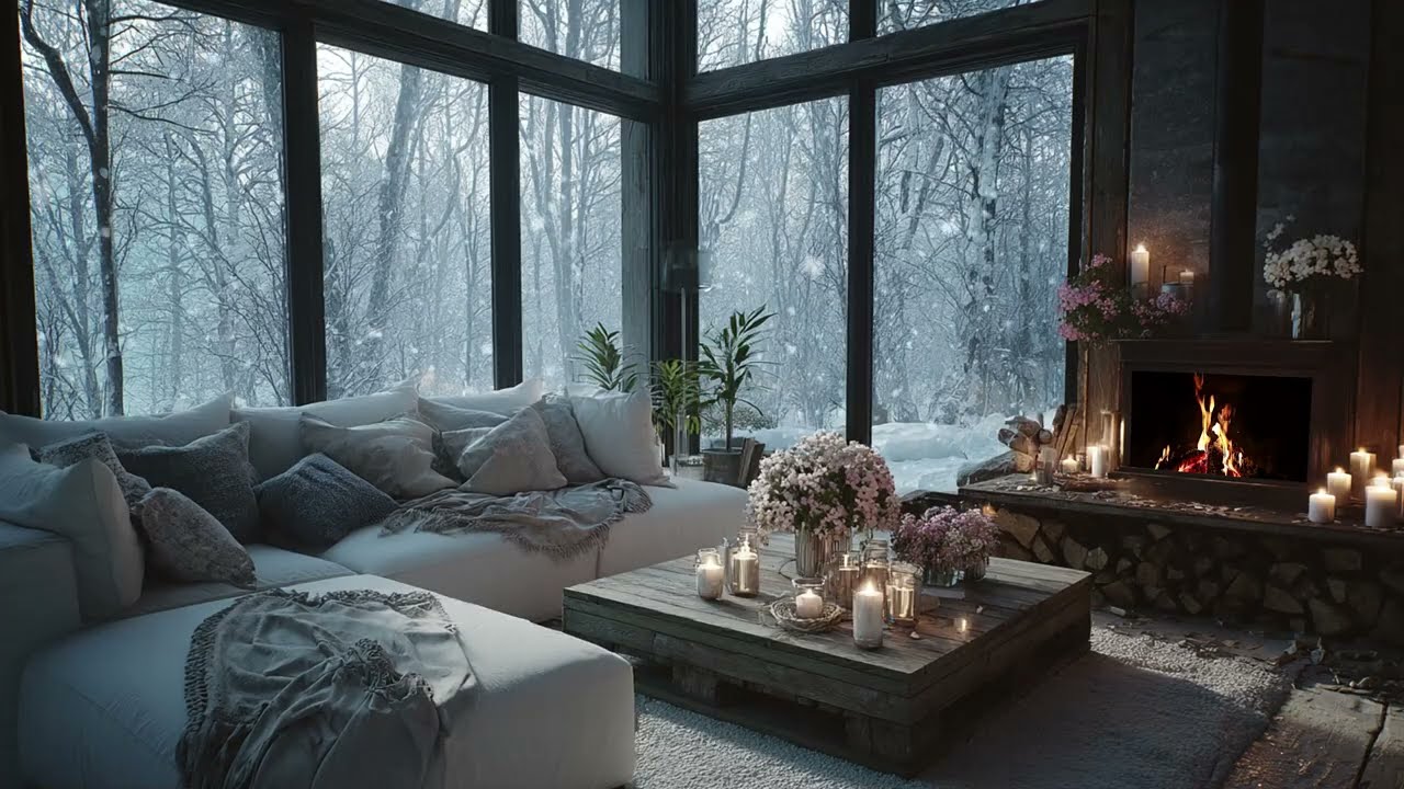 Calm Piano Music With Snow Falling And Fire Burning For Cozy Winter Nights