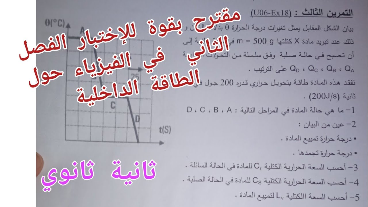 مقترح  للإختبار الفصل الثاني في الفيزياء حول الطاقة الداخلية للسنة الثانية ثانوي لجميع الشعب العلمية