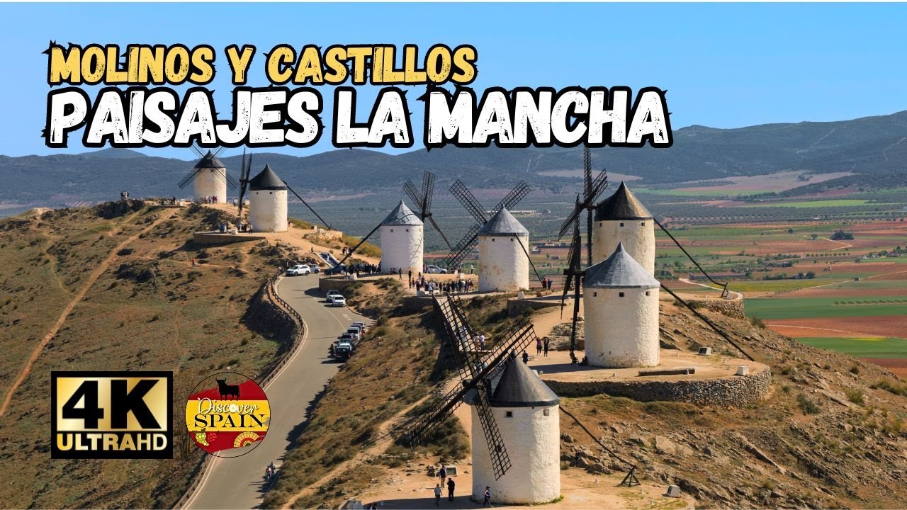 Paisajes típicos de La Mancha en España: molinos de vientos y castillos
