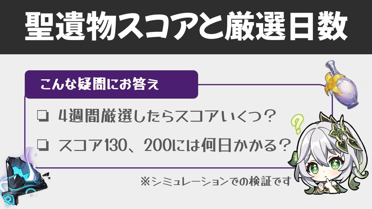 【原神】聖遺物スコア200を達成するのにかかる日数は？1ヶ月の厳選でスコアいくつになる？聖遺物スコアと厳選日数の関係について