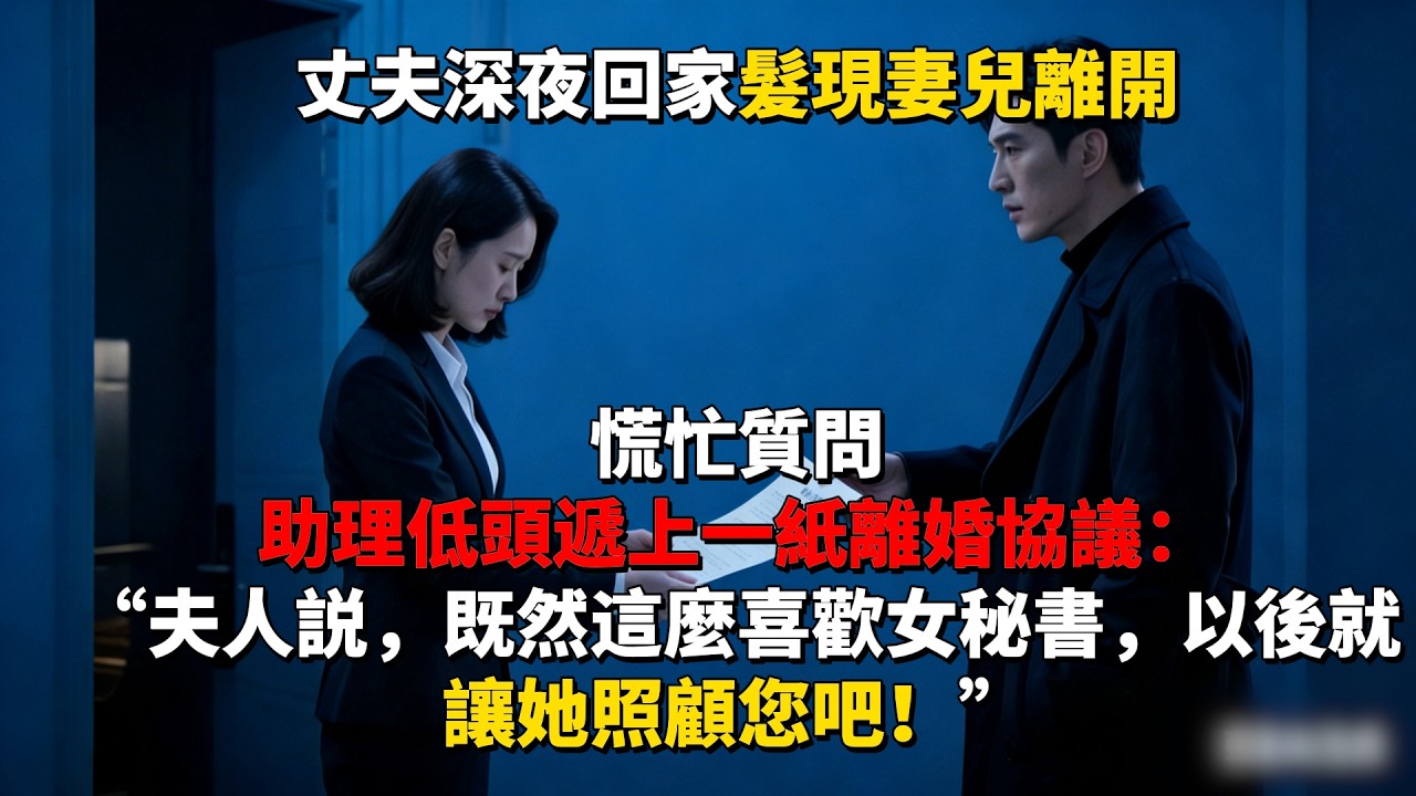 丈夫深夜回家髮現妻兒離開，慌忙質問，助理低頭遞上一紙離婚協議：“夫人説，既然這麼喜歡女秘書，以後就讓她照顧您吧！”#為人處世 #生活經驗 #情感故事 #故事 #小說 #戀愛 #情感 #婚姻