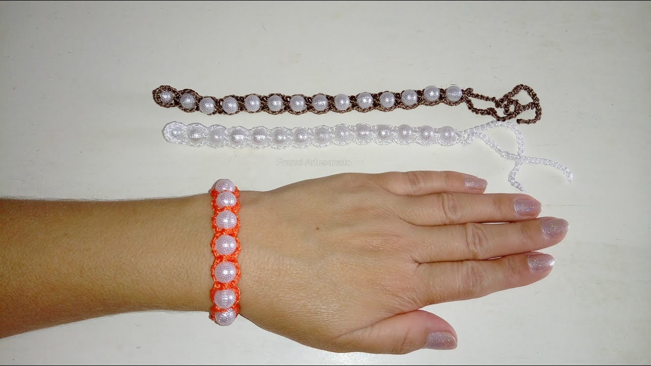 PULSEIRA DE CROCHÊ COM PÉROLAS SOLTAS - FRANCI ARTESANATO