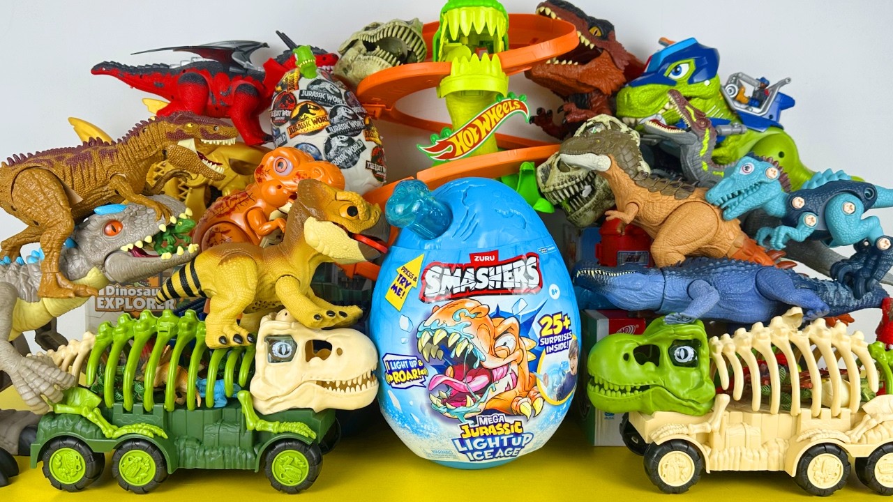 ASMR Satisfying Unboxing Jurassic World Rebirth T-rex Triceratops Giga Bone Trucks Zuru Smashers 25+