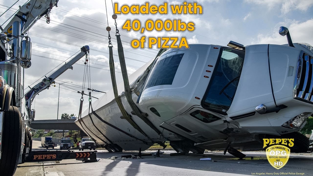 That's a lot of pizza! 40,000lbs worth in trailer flips on freeway - heavy rescue
