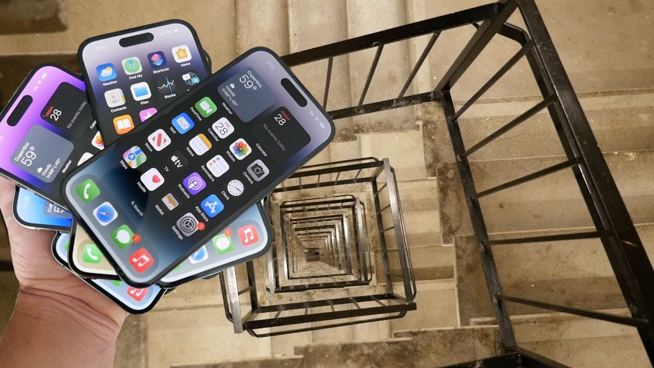 Сбросим стопку (7) iPhone 14 Pro вниз по крутой винтовой лестнице с высоты 300 футов — выживут ли...