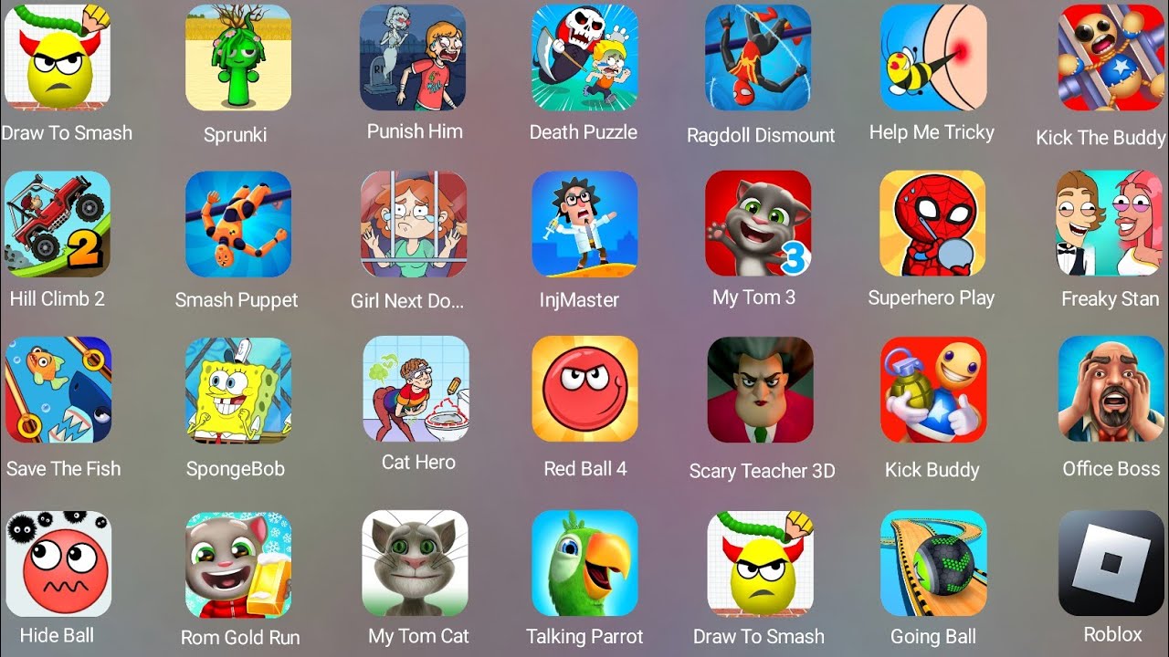 Draw To Smash,Sprunki survival,Punish Him,Death Puzzle,Scary Teacher 3D,Minecraft,Bowmasters,Roblox 