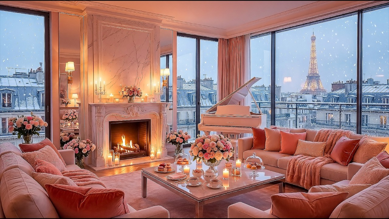 Cozy Snowy Paris (Eiffel Tower) — Relaxing Jazz Piano & Fireplace | 3h for Deep Focus, Reading