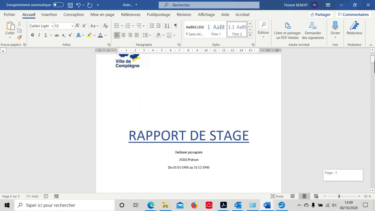 Rapport de stage sous Word TD3 1  saut de page, chapitres, sommaire et numérotation