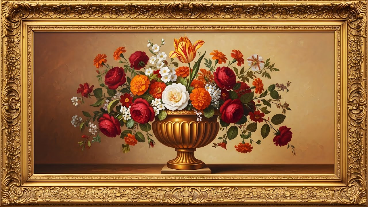 4K Vintage Floral Elegance | Gold Frame TV Art | Classical Wall Display Screensaver