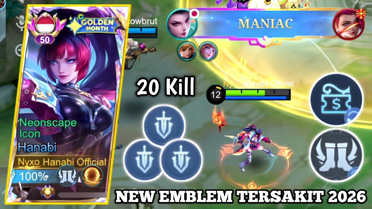 20 KILL + MANIAC! HANABI NEW EMBLEM TERSAKIT 2026 - DAMAGENYA GAK NGOTAK! TOP GLOBAL HANABI - MLBB