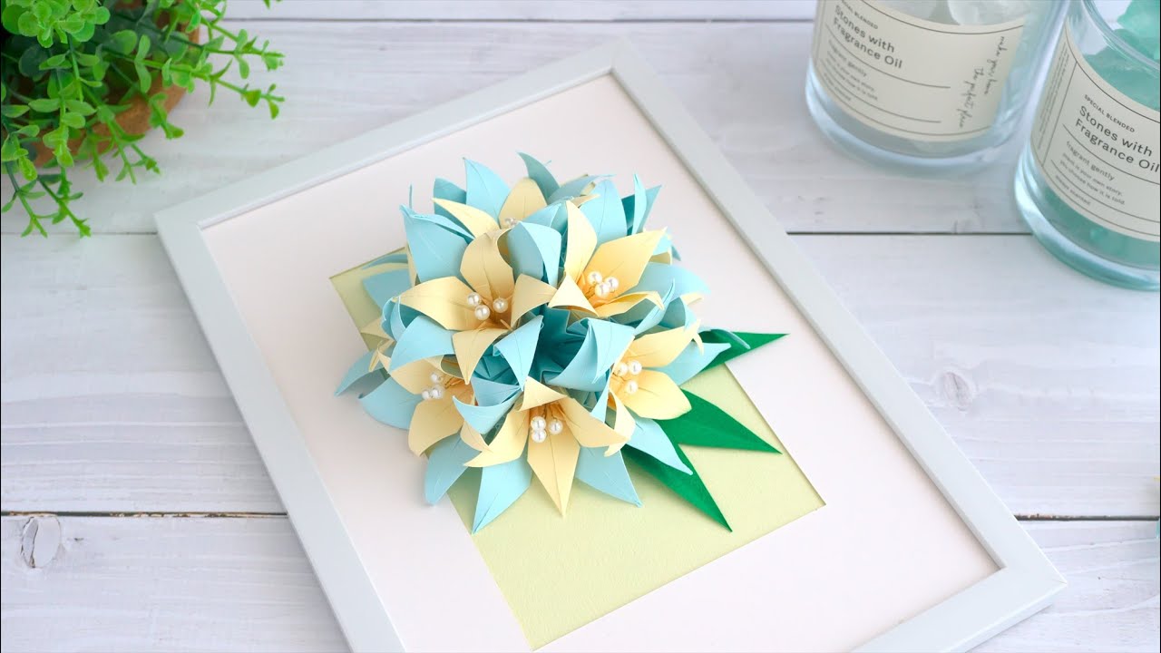 【折り紙のユリ】ペーパーフラワーのアートフレームの作り方 - DIY How to Make a Wall Decoration With Paper Lilies / Tutorial