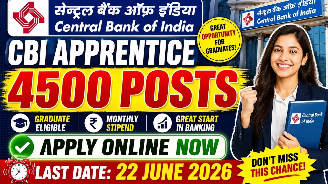 🏦 Central Bank of India (CBI) 🔥 Apprentice Recruitment 2026 ✅ 4500 Posts 📢 Apply Online