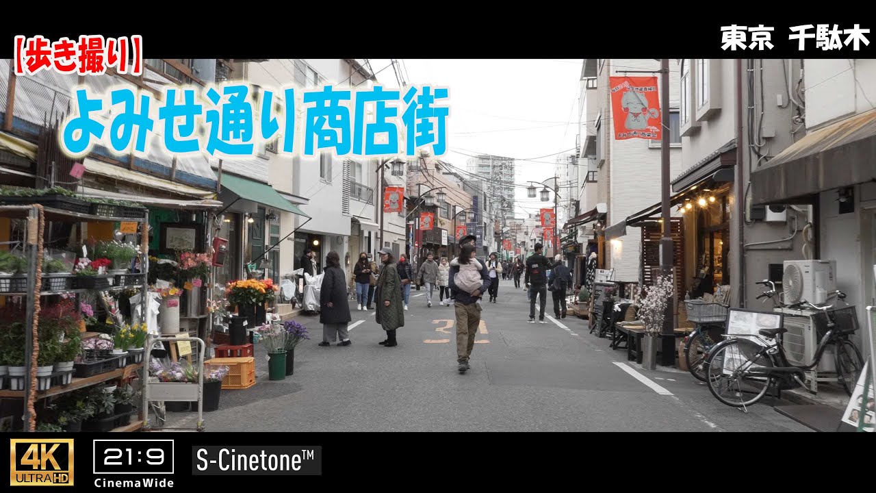 【歩き撮り】よみせ通り商店街 おしゃれなお店がいっぱい@東京 千駄木 ４K  (21:9)  Tokyo walking video