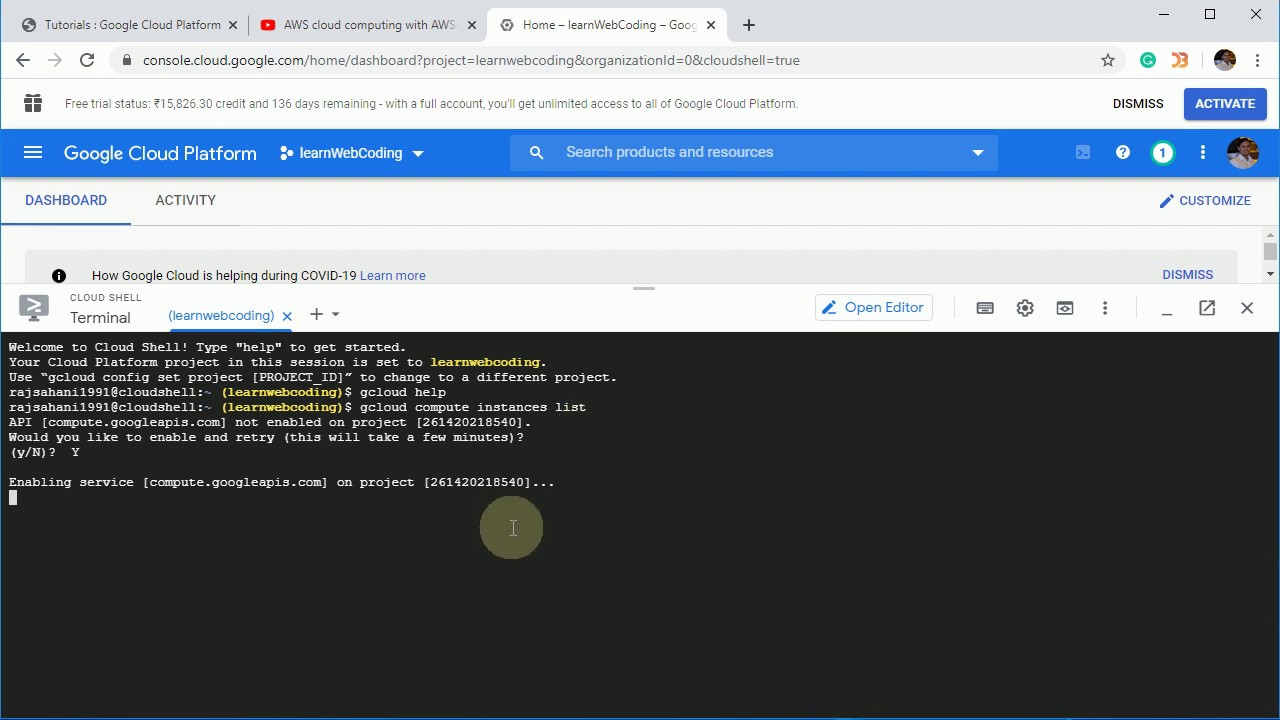 GCP Part1: Setup account, creating a project Cloud shell introduction