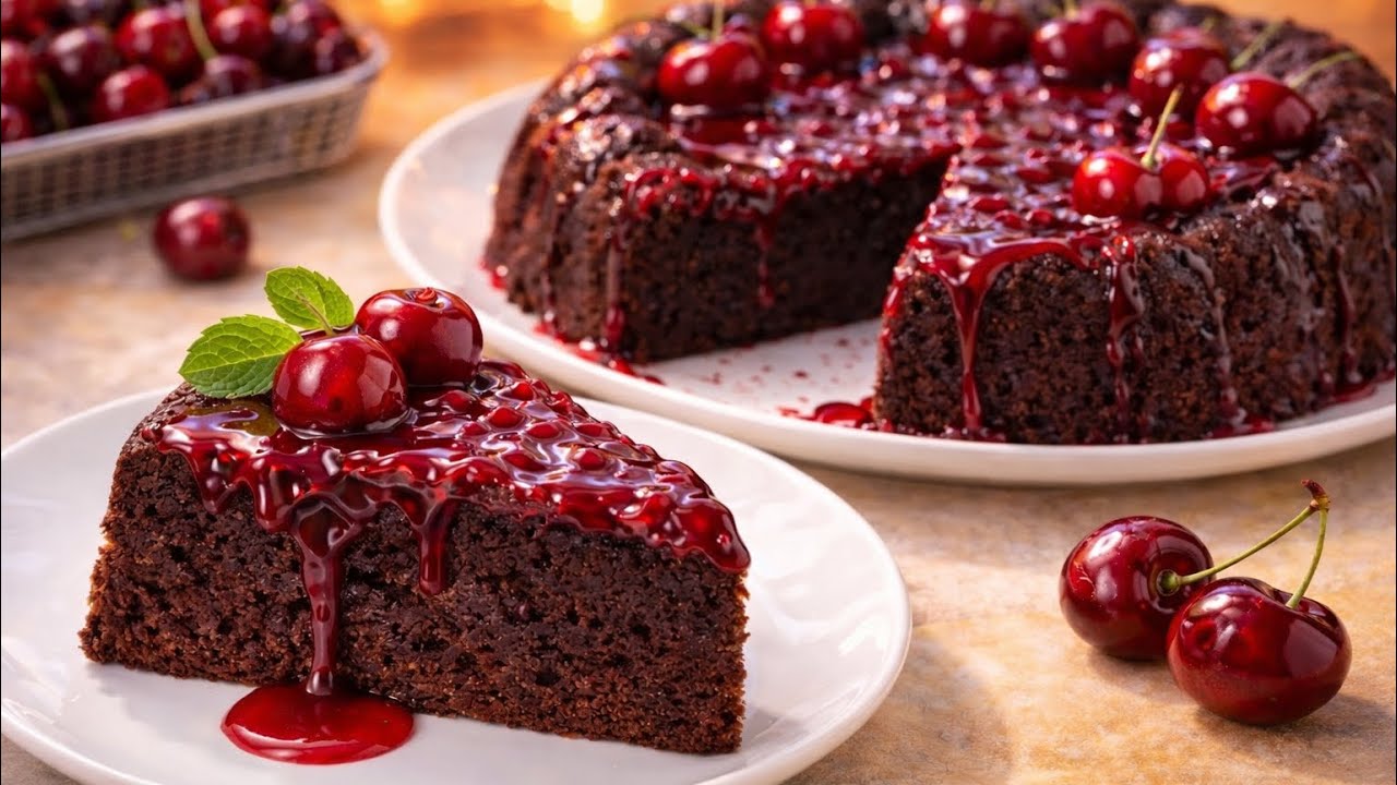 No-Butter Cherry Chocolate Cake | Soft & Moist