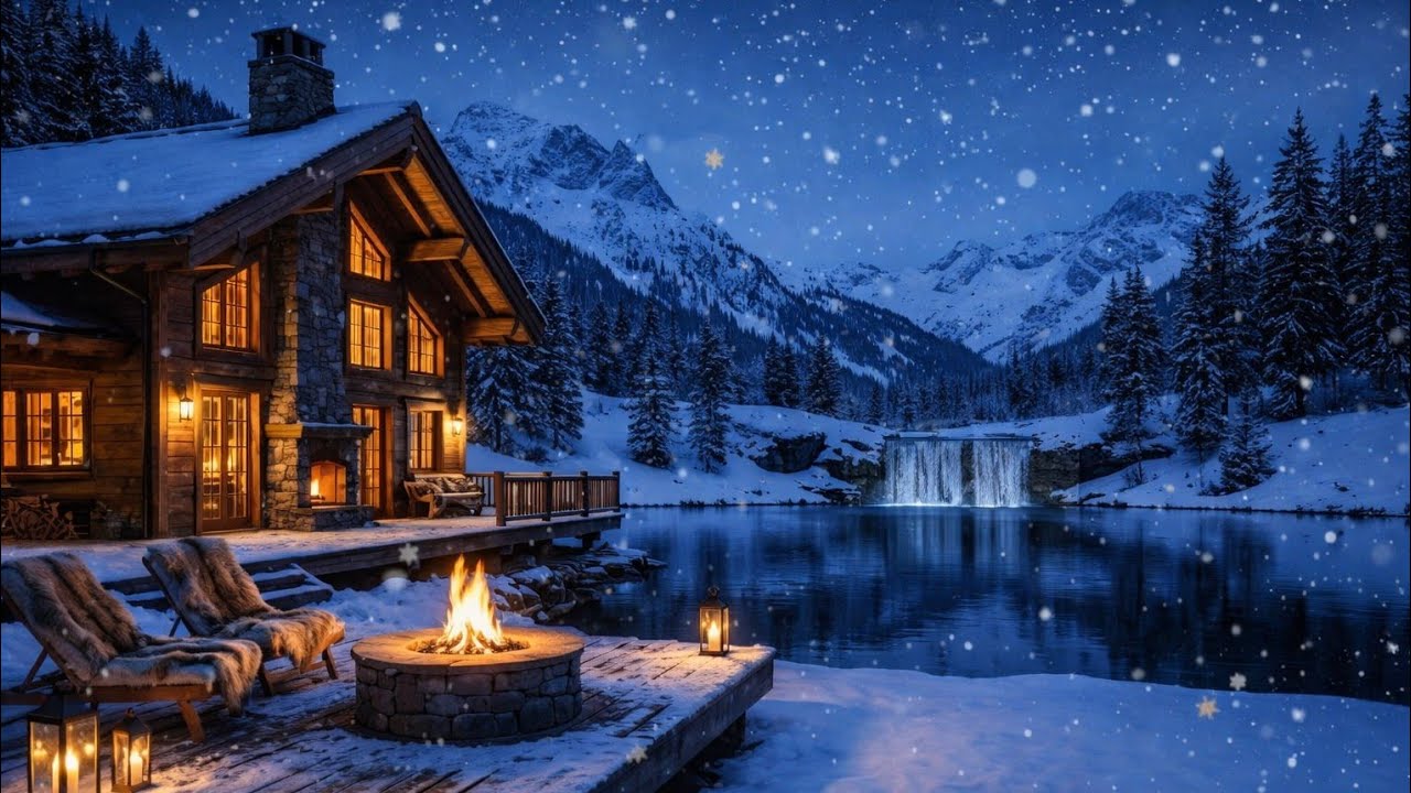 Snowfall Jazz Instrumental | Fireplace Cabin by the Waterfall Lake ❄️for Relax,Insomnia, Study, Work