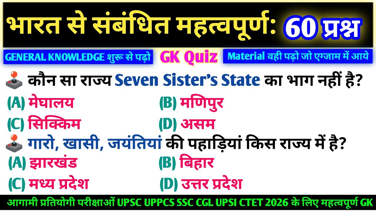 भारत से जुड़े टॉप- 60 प्रश्न 2026 | रट लो प्रतियोगी परीक्षाओं में बार बार आते है | सामान्य ज्ञान 