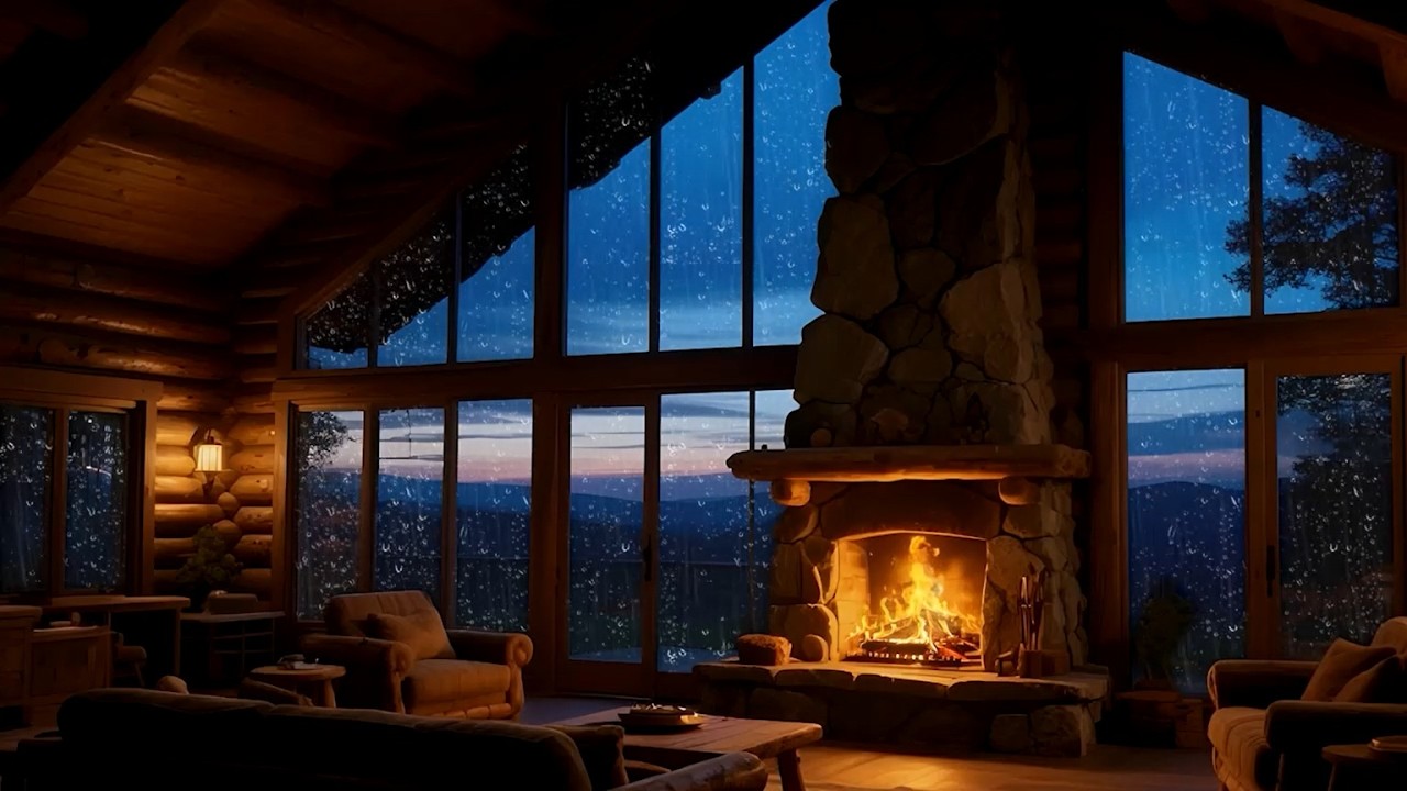 🔴 LIVE Cozy Cabin Rain 🌙 | Fireplace White Noise