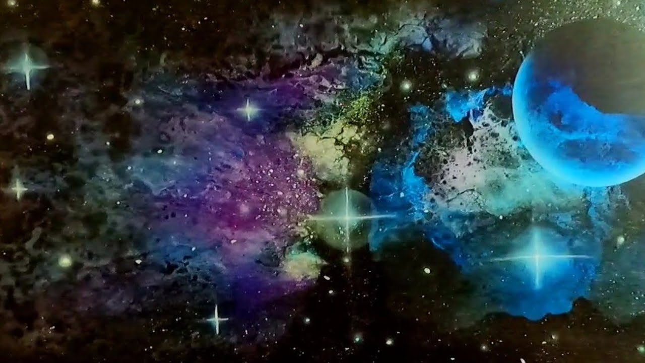 MANIFESTING THE UNIVERSE.. Galaxy pour painting airbrush space nebula with glitter on canvas