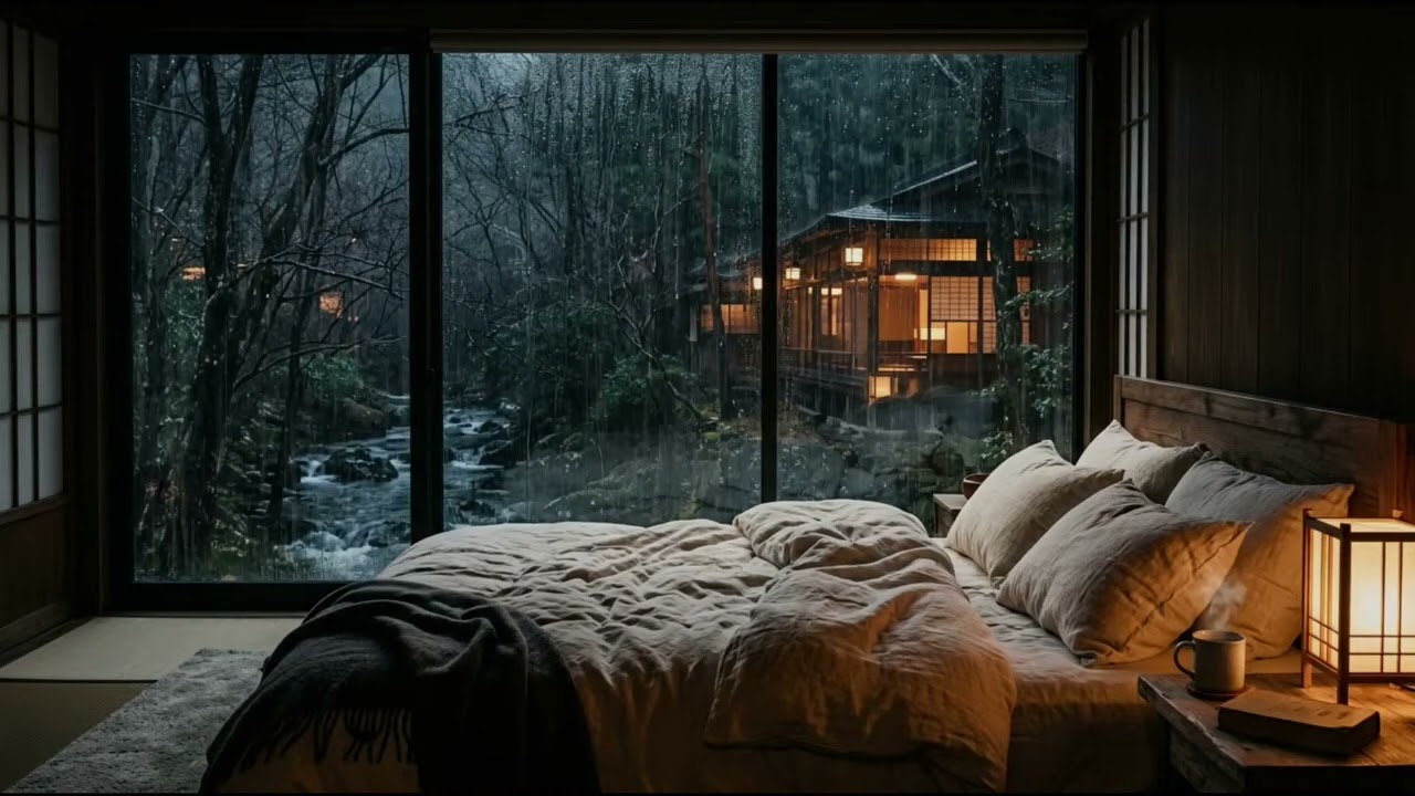 Japanese Ryokan in Heavy Rain 🌙 Warm Lanterns, Soft Window Rain & Tranquil Sleep Sounds