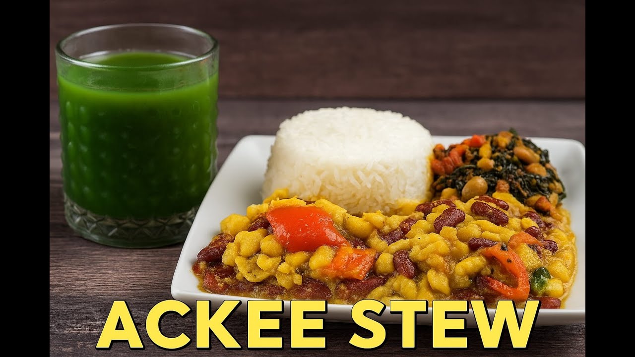 Ackee Stew ,Red Peas ,With White Rice And  fresh Spinach Juice